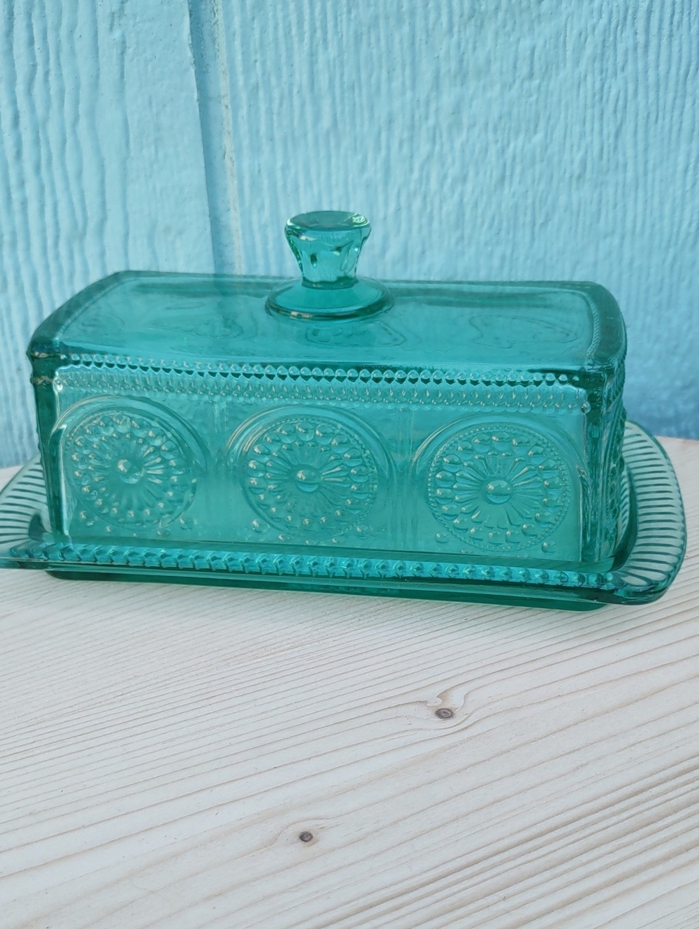 The Pioneer Woman Adeline Teal Glass Butter Dish with Embossed Medallions